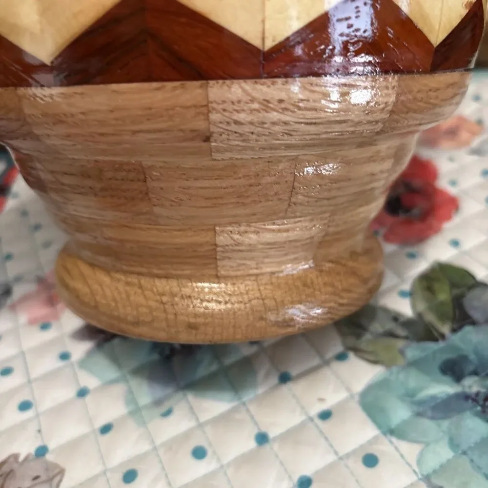 Handcrafted Segmented Wood Pedestal Bowl Cherry Walnut Padauk Maple Chevron